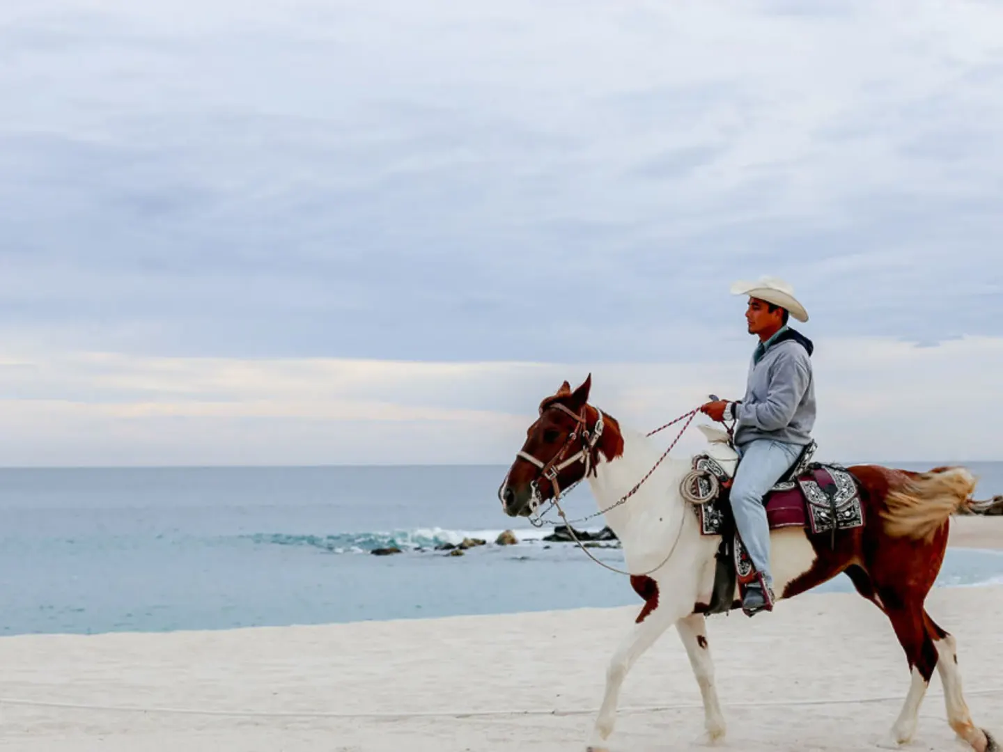 Horseback rider on a sandy beach by the ocean near Hilton Los Cabos.