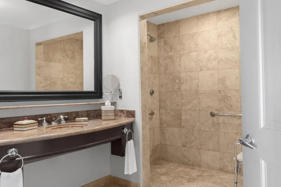 Accessible Deluxe Ocean View bathroom with vanity and roll-in shower at Hilton Los Cabos.