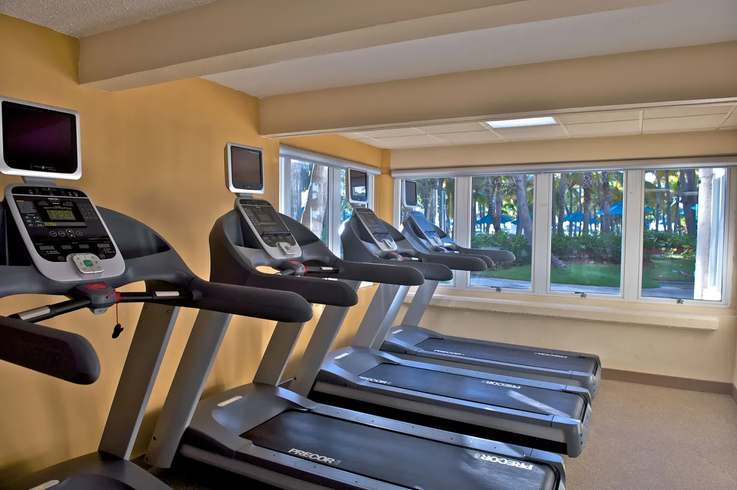 Fitness room treadmills by large windows at Hilton Ponce Golf & Casino Resort.