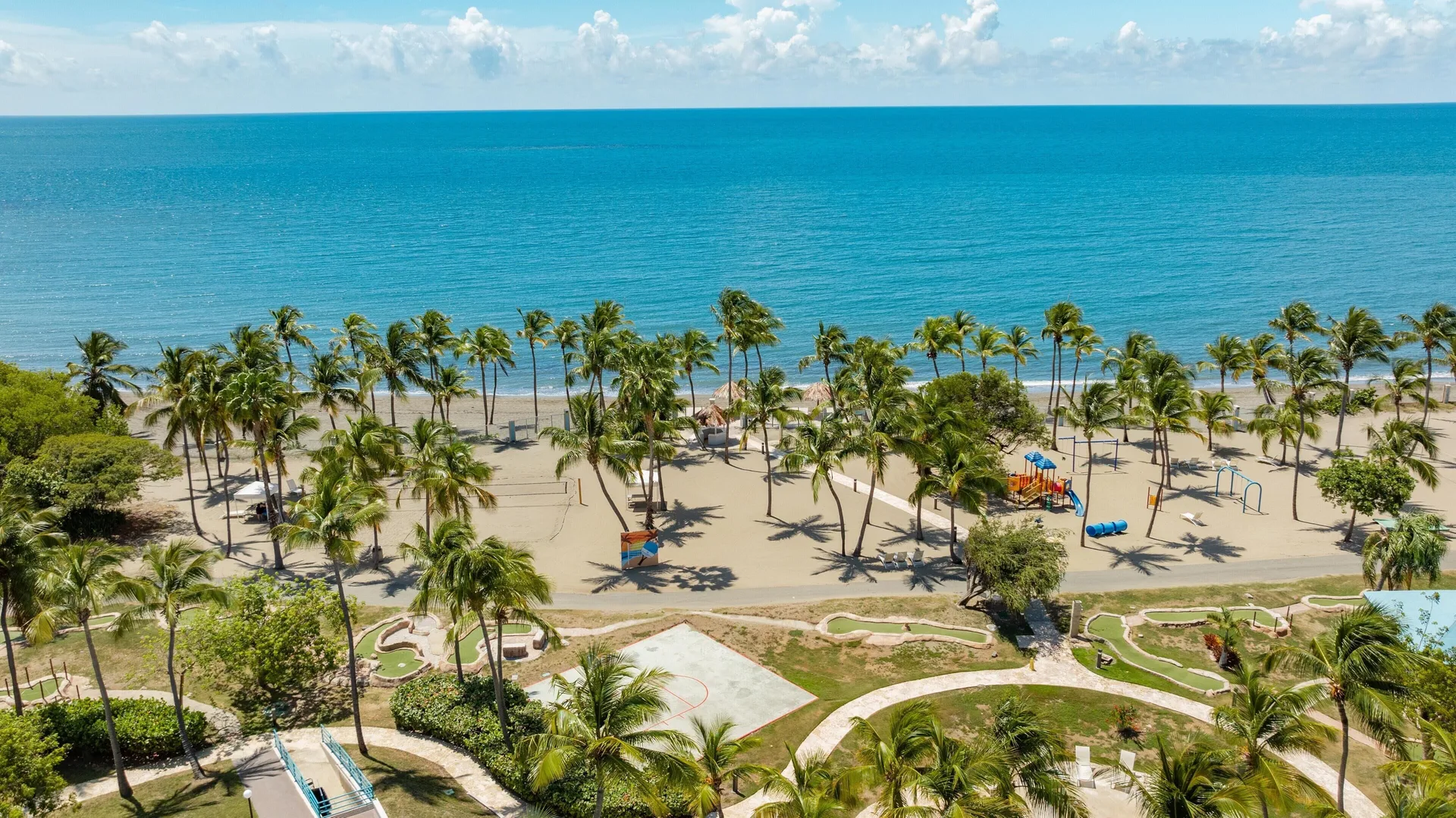 Palm-lined beach and turquoise water at Hilton Ponce Golf & Casino Resort.