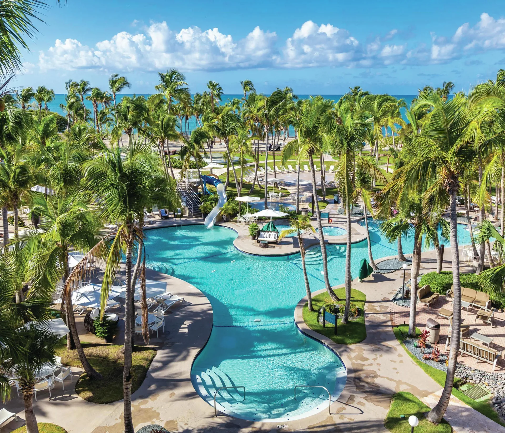 Palm-lined pool complex and water slide overlooking the sea at Hilton Ponce Golf & Casino Resort.