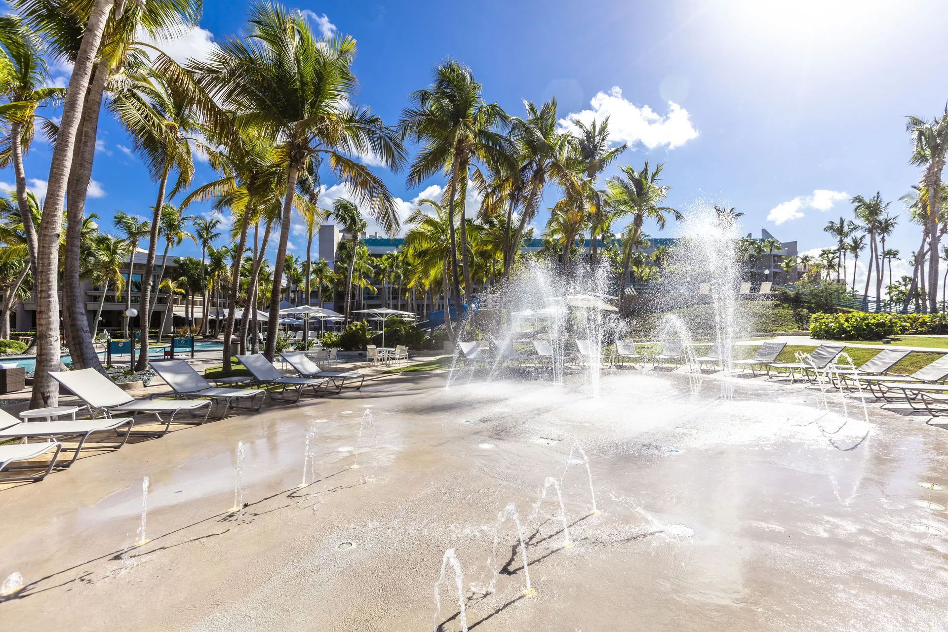 A palm-lined splash pad sprays water beside loungers at Hilton Ponce Golf & Casino Resort.