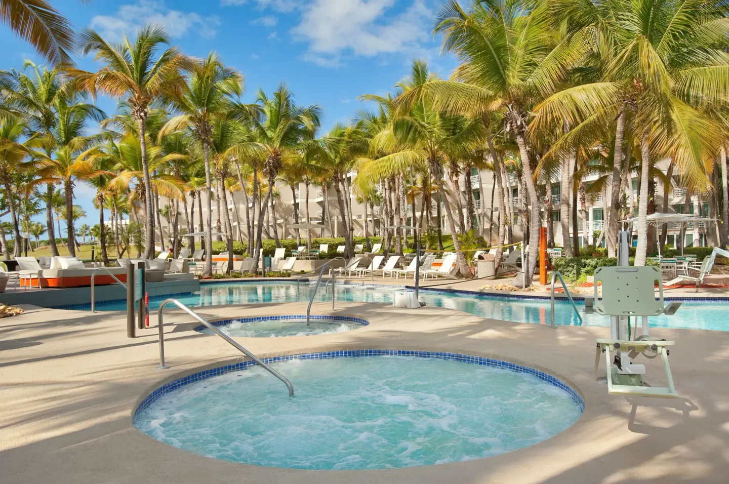 Pool and whirlpool among palms at Hilton Ponce Golf & Casino Resort.