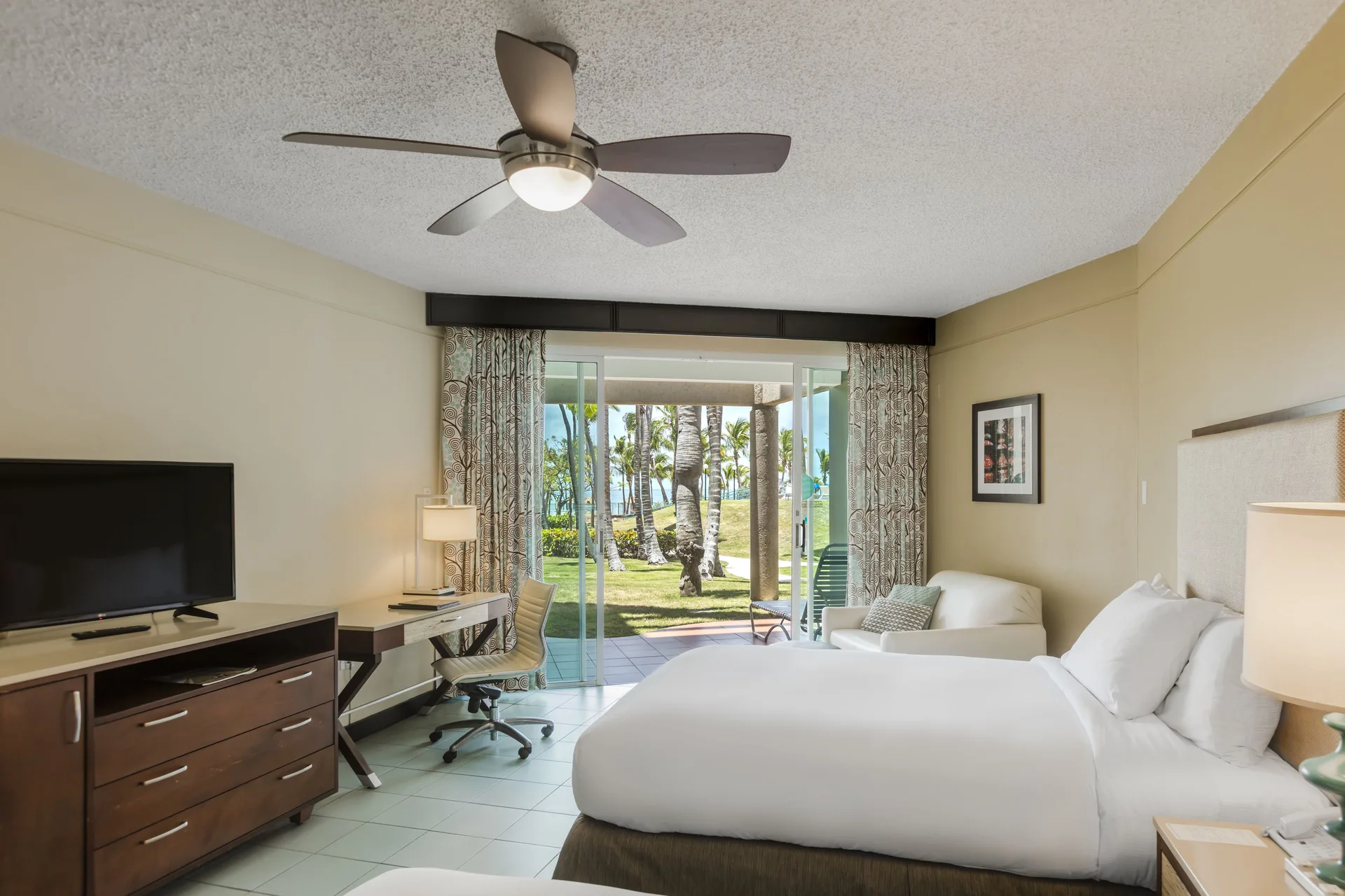Oceanfront patio room at Hilton Ponce Golf & Casino Resort with bed, TV dresser, desk, and patio doors.