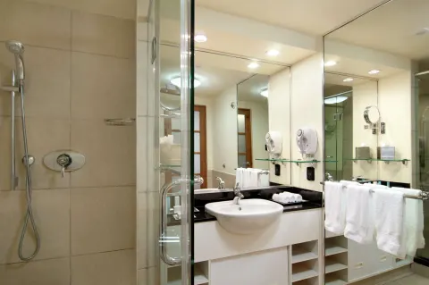 Executive Room bathroom vanity and glass shower at Hilton Trinidad & Conference Centre.