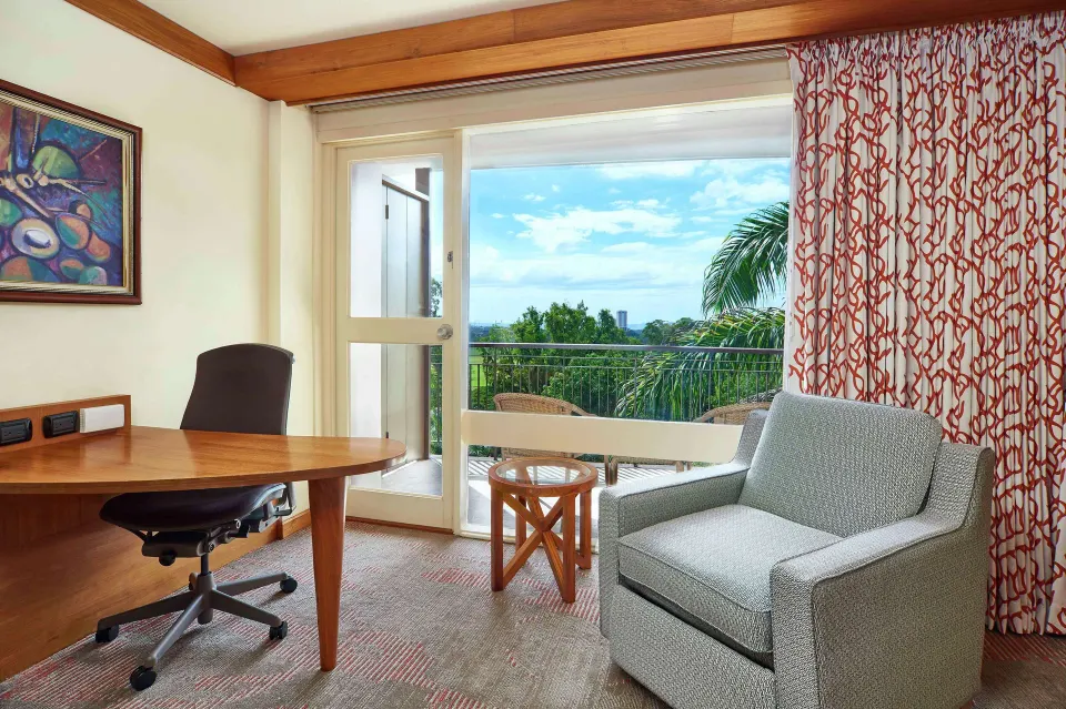 Accessible room sitting area with balcony at Hilton Trinidad & Conference Centre.