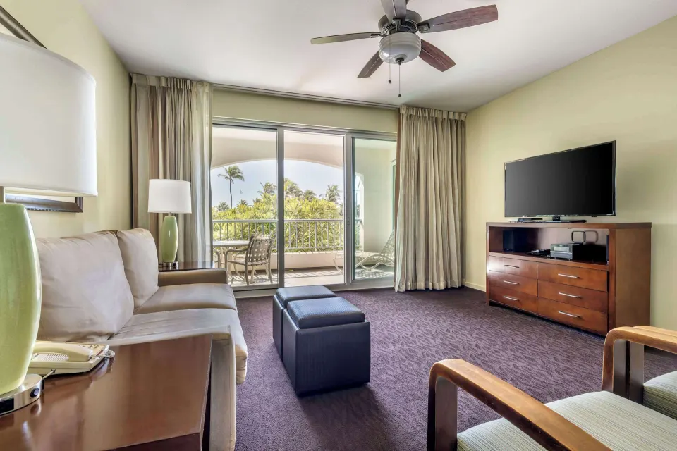 Living area in a 2 Bedroom Garden View Suite at Hilton Vacation Club The Point At Poipu Kauai.