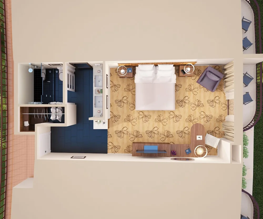 Overhead guest room floor plan with king bed and balcony at Hilton Waikoloa Village.