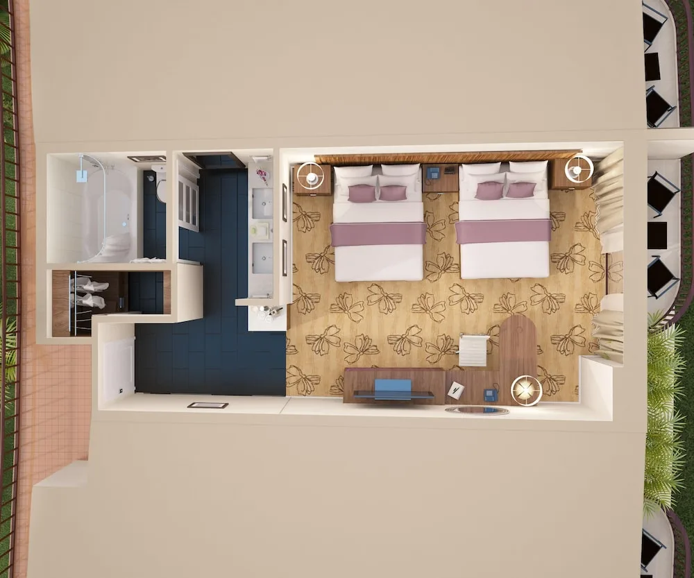 Overhead floor plan of a two-bed guest room layout at Hilton Waikoloa Village.