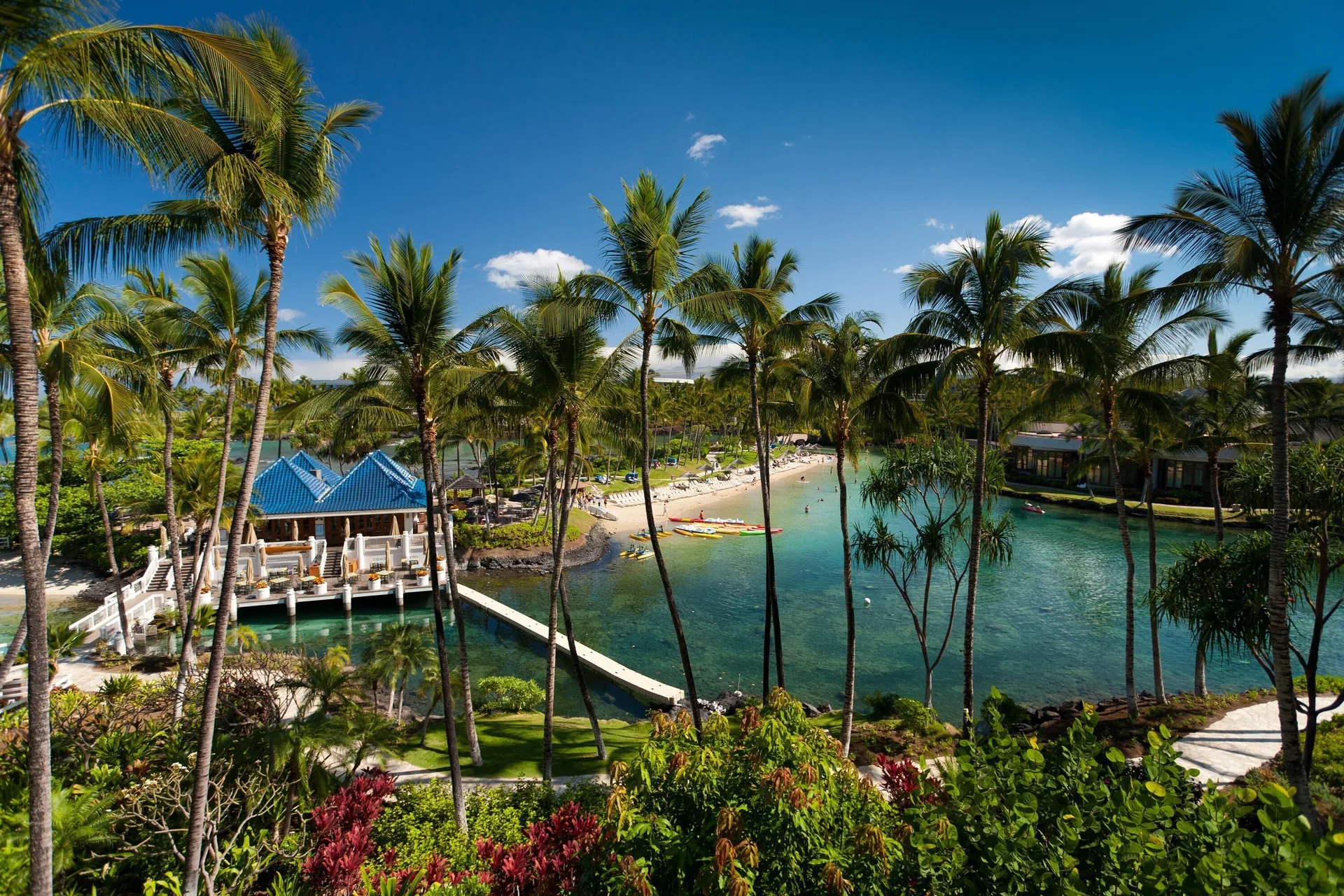 Lagoon and palm trees viewed from a Makai Ocean View room at Hilton Waikoloa Village.
