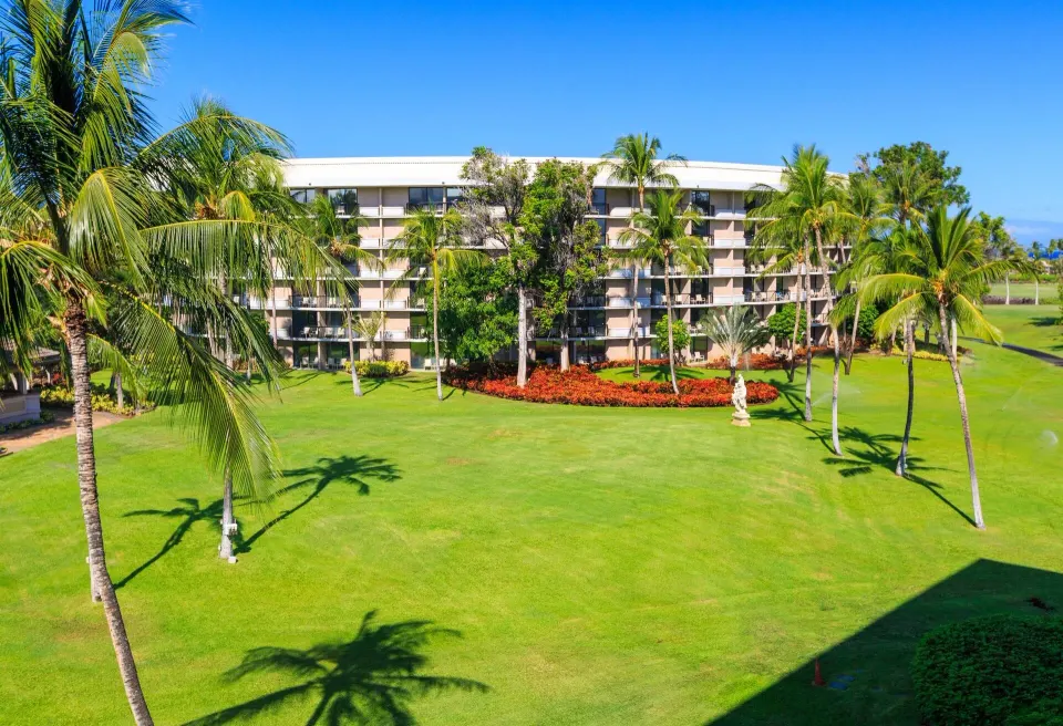 Resort View guest building and palm-lined lawn at Hilton Waikoloa Village.