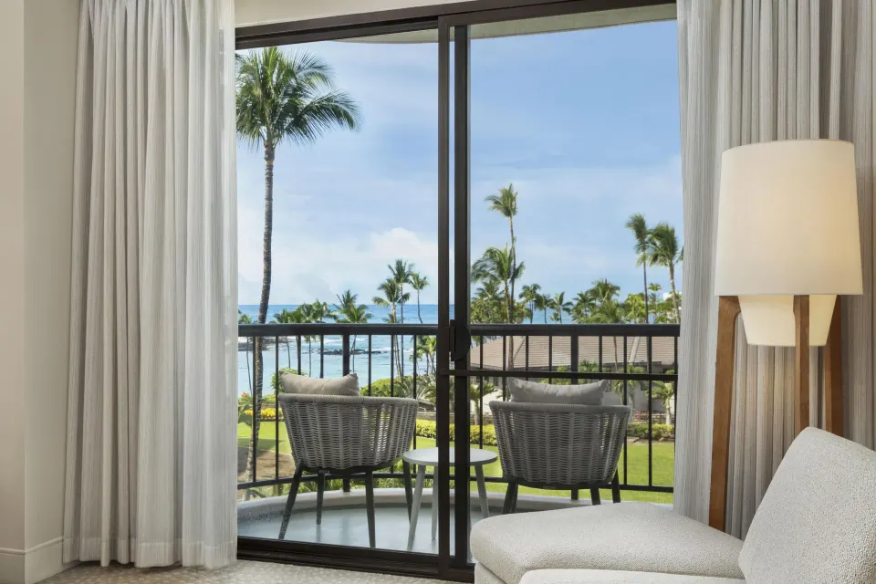 Balcony ocean view from a renovated guest room at Hilton Waikoloa Village.
