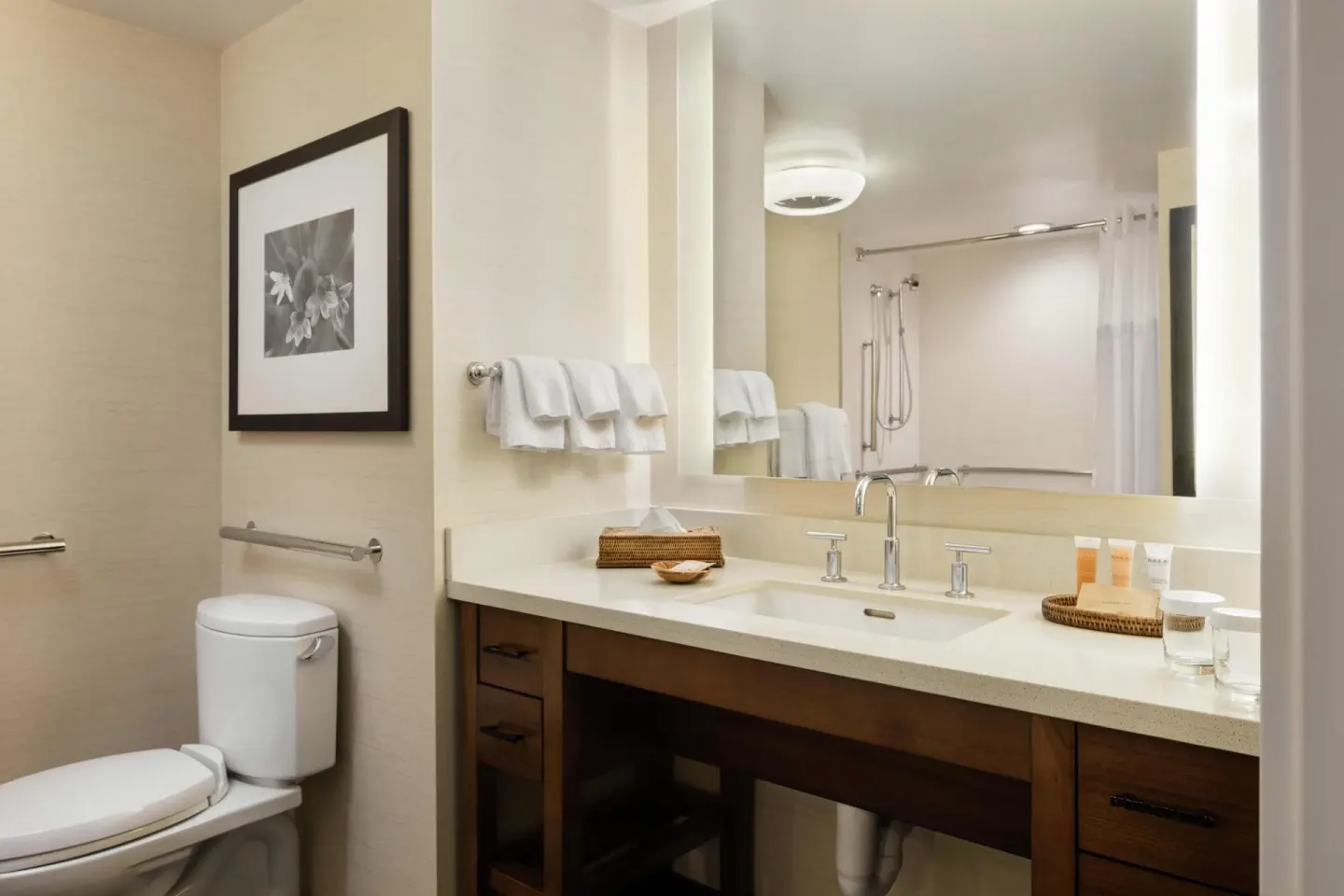 Accessible bathroom vanity and toilet in a resort-view room at Hilton Waikoloa Village.