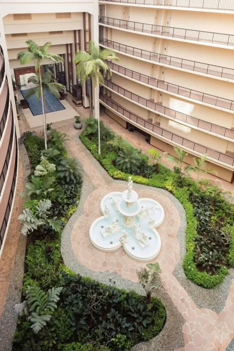 Interior atrium garden and fountain view from a room at Hilton Waikoloa Village.