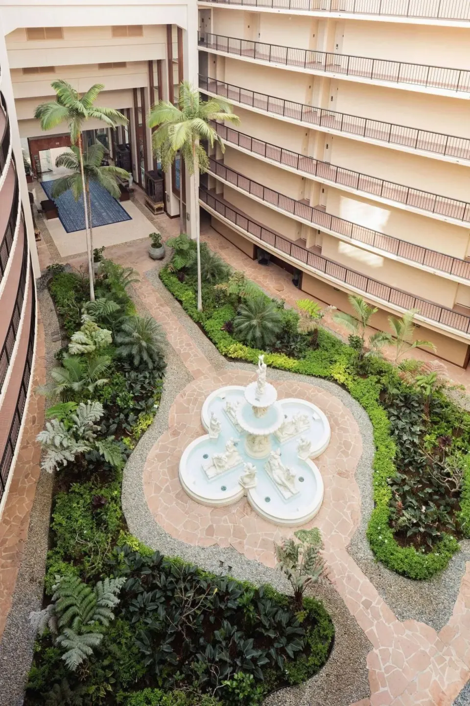 Interior atrium garden and fountain view from a room at Hilton Waikoloa Village.