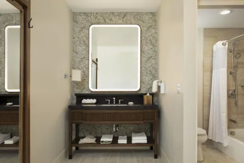 Accessible bathroom vanity and bathtub-shower at Hilton Waikoloa Village.