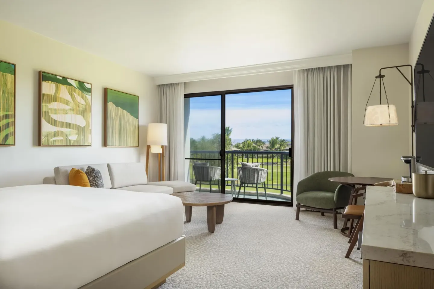 Accessible resort-view king room with balcony at Hilton Waikoloa Village.