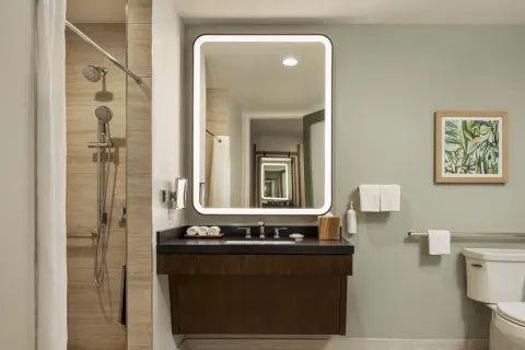 Accessible bathroom with roll-in shower at Hilton Waikoloa Village.