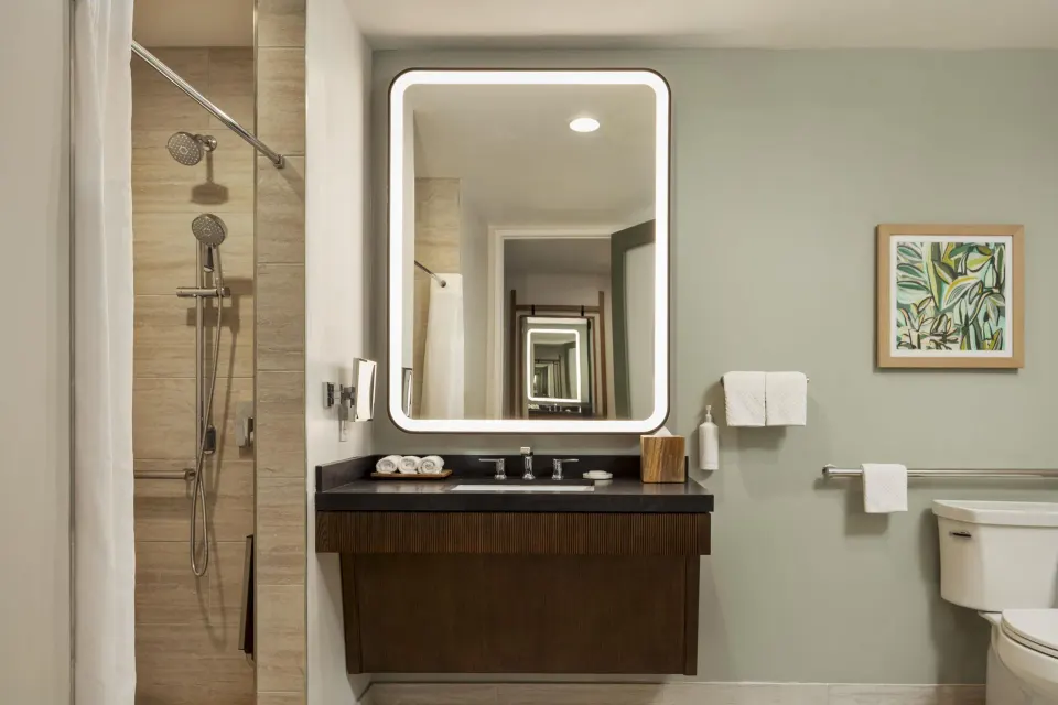 Accessible bathroom with roll-in shower at Hilton Waikoloa Village.