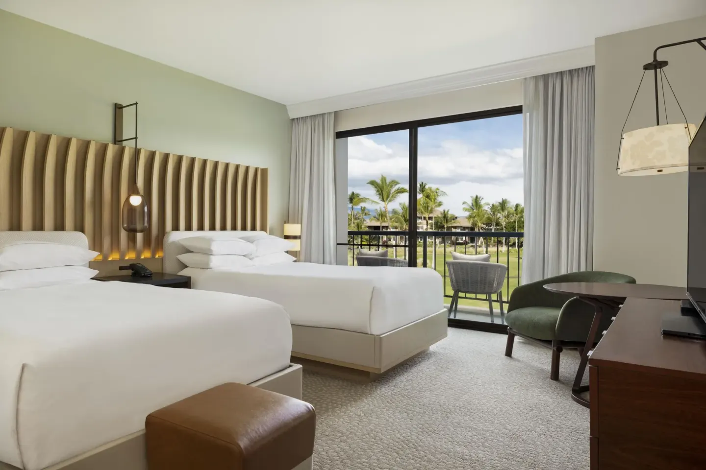 Accessible resort view two-bed room and balcony at Hilton Waikoloa Village.