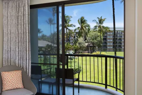 Guest room balcony with palm-framed resort view at Hilton Waikoloa Village.