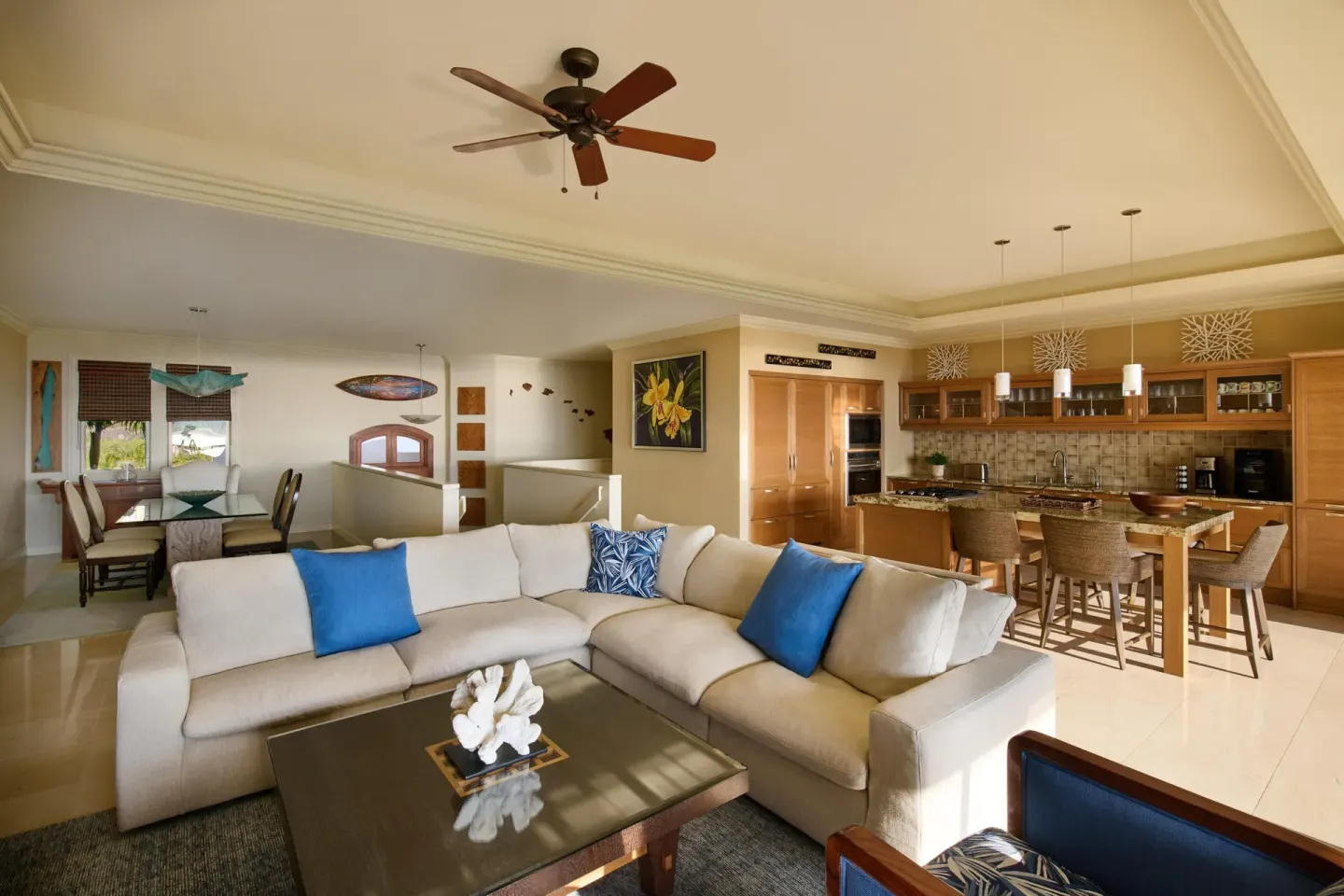 Deluxe villa living room and kitchen at Ho‘olei Villas at Grand Wailea.