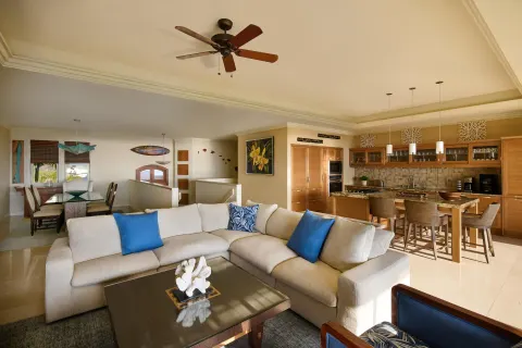 Deluxe villa living room and kitchen at Ho‘olei Villas at Grand Wailea.