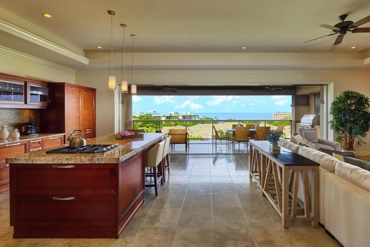 Ocean-view villa kitchen and lanai at Ho‘olei Villas at Grand Wailea.