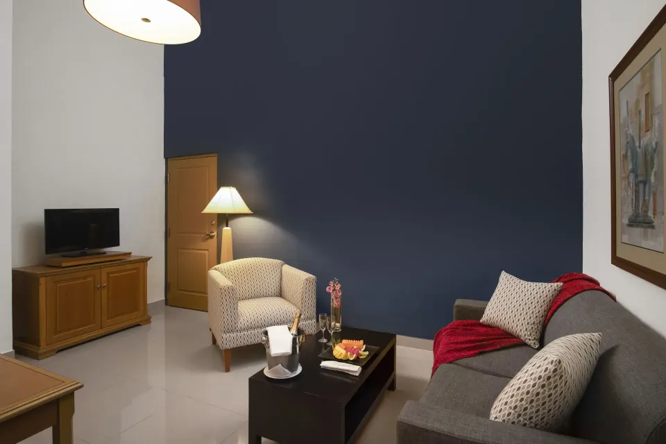 Royal Suite living area with sofa and TV at Hodelpa Garden Suites Golf & Convention Center.