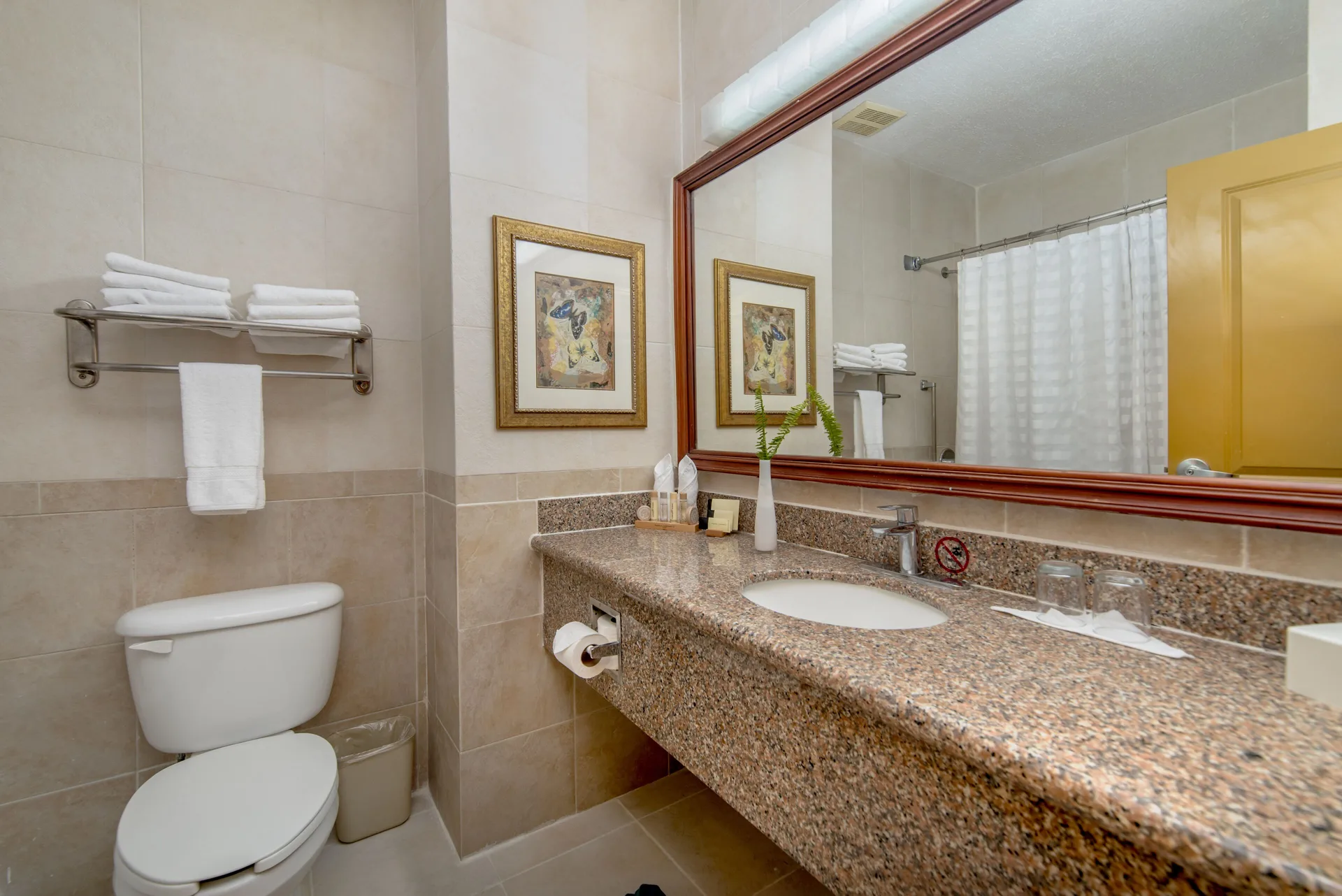 Suite bathroom vanity with toilet, mirror, and towels at Hodelpa Garden Suites Golf & Convention Center.