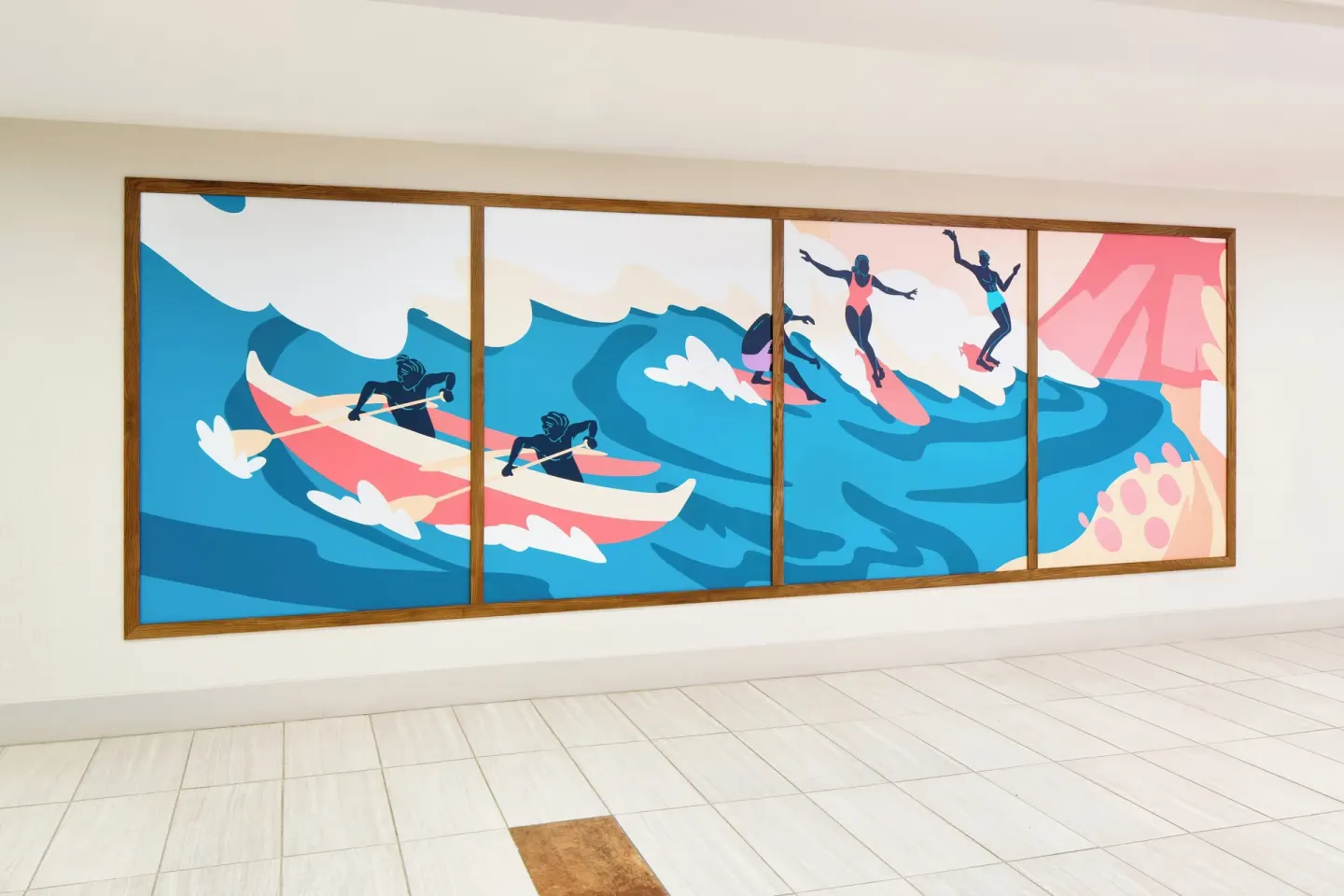 Colorful surf mural on a lobby wall at Holiday Inn Express Waikiki.