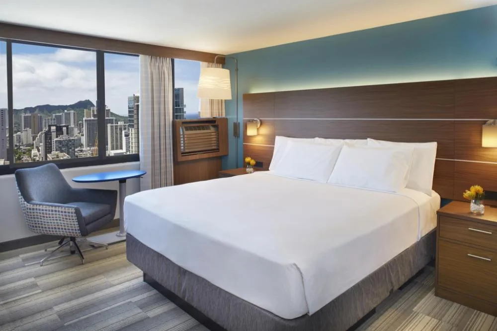 Disability access king room with city view at Holiday Inn Express Waikiki.