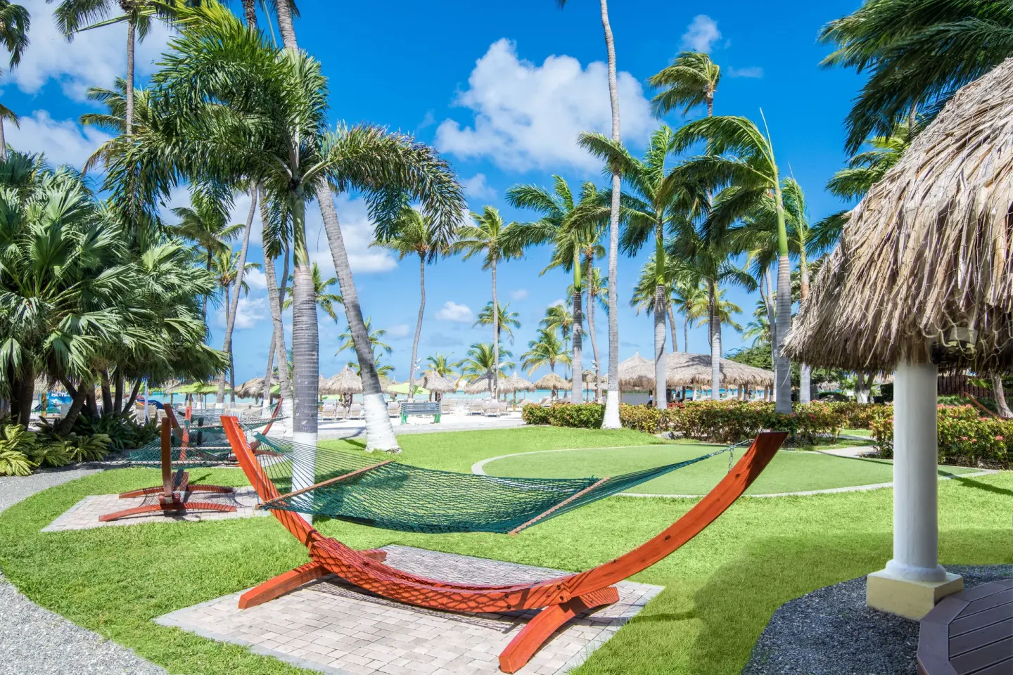 Garden hammocks beneath palms at Holiday Inn Resort Aruba - Beach Resort & Casino.