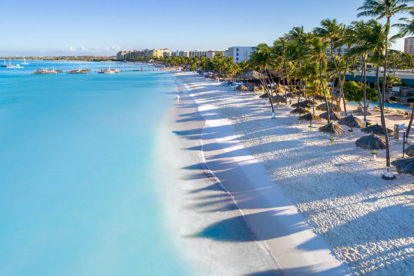 Palm-lined beach with palapas and calm blue water at Holiday Inn Resort Aruba - Beach Resort & Casino.
