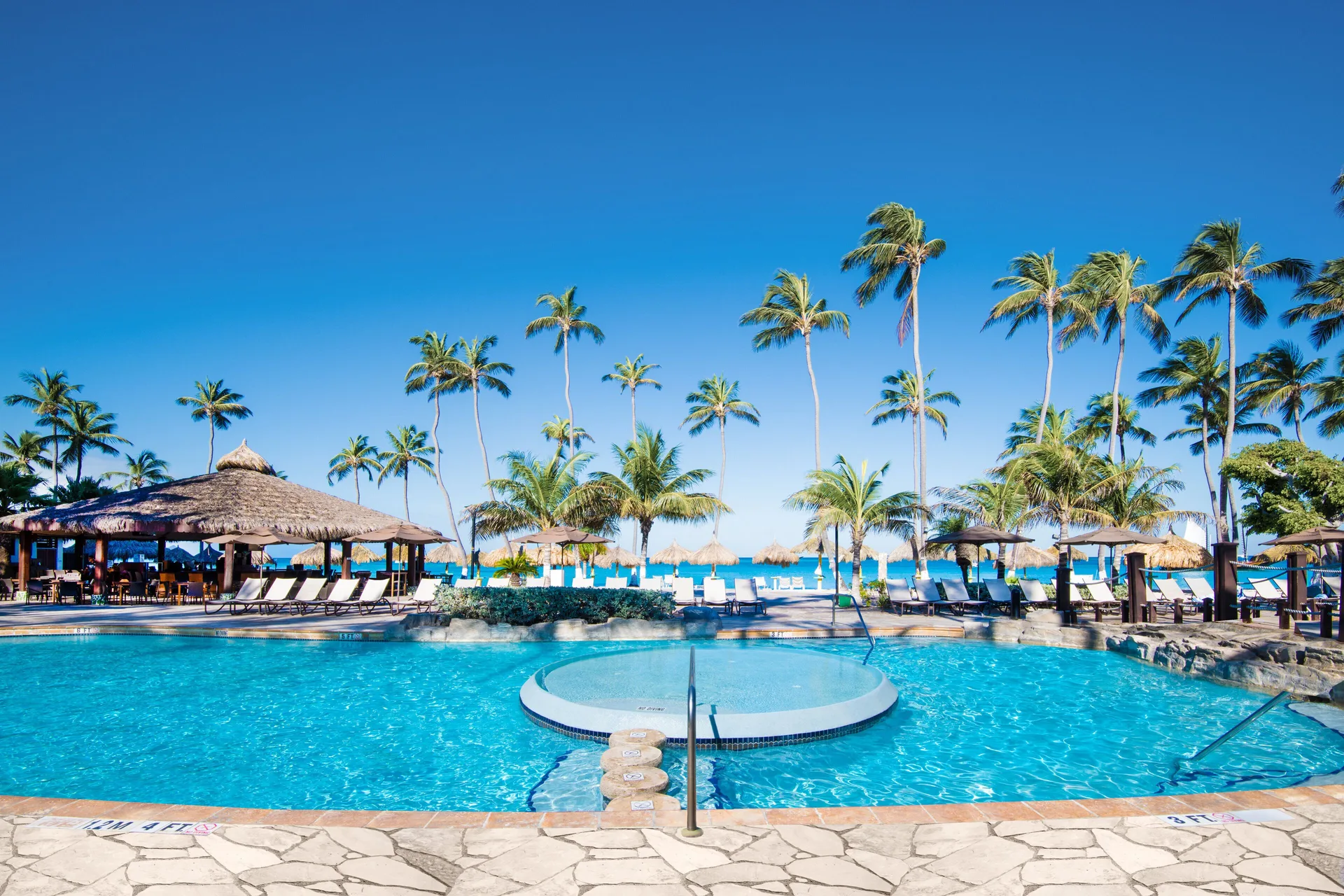 Daytime pool with palms and thatched shade at Holiday Inn Resort Aruba - Beach Resort & Casino.