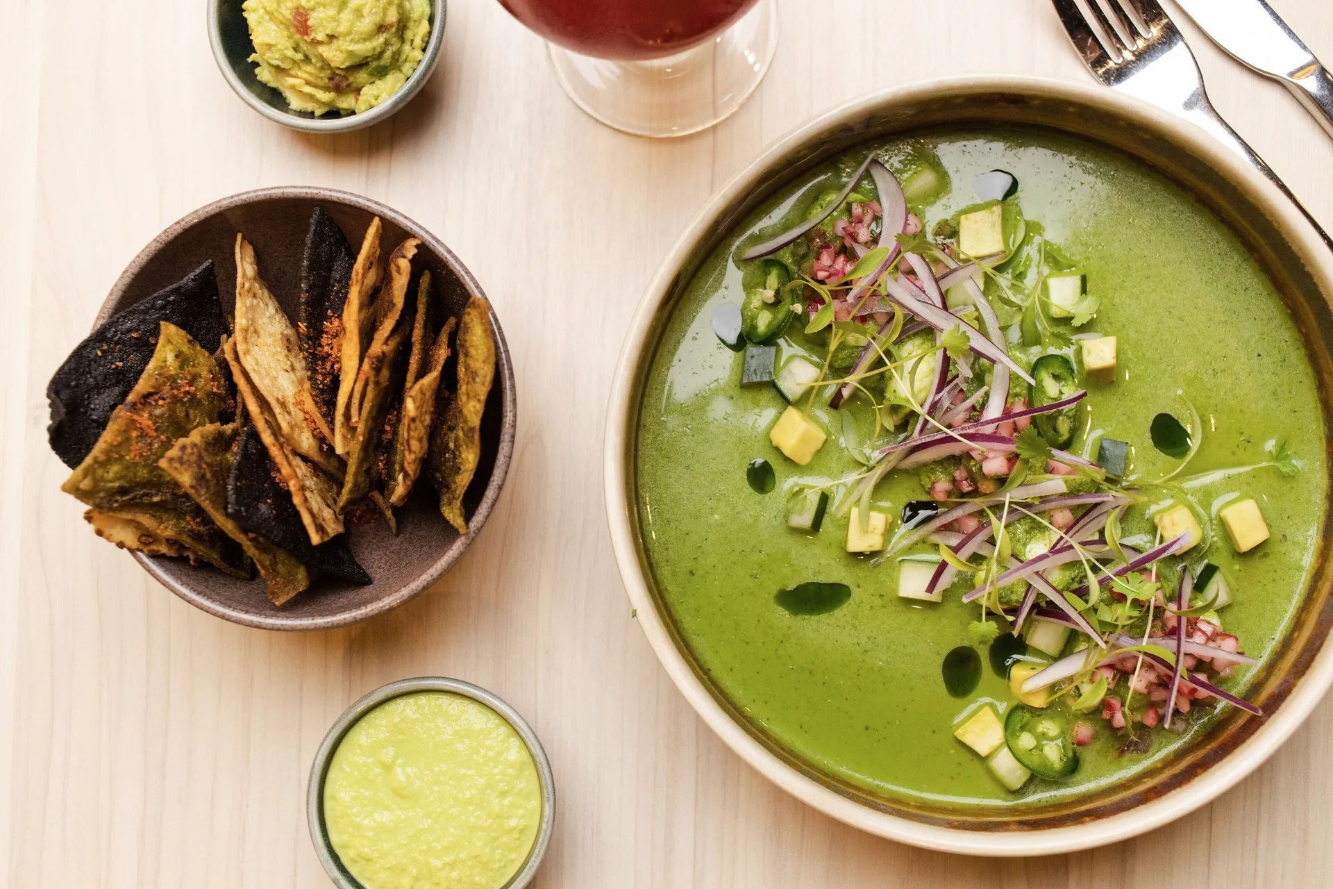 Green soup with tortilla chips and dips at Holiday Inn Resort Aruba - Beach Resort & Casino.