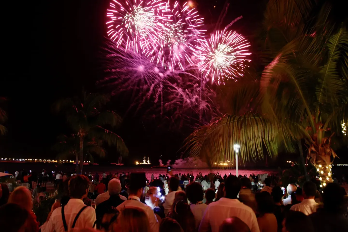 Pink fireworks burst above a beachfront crowd near Holland House Beach Hotel.