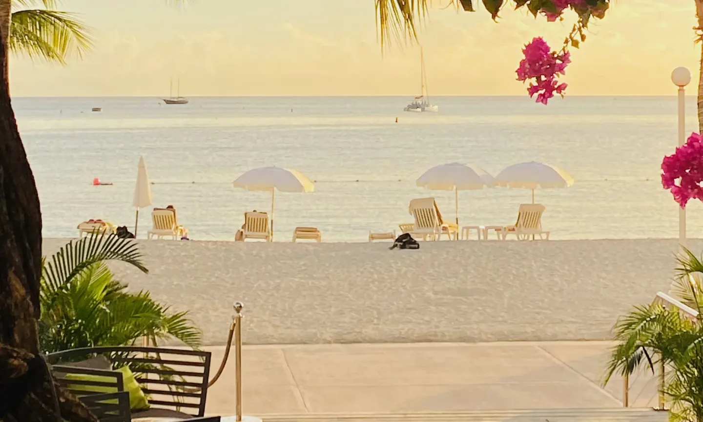Beach umbrellas and lounge chairs at sunset at Holland House Beach Hotel.