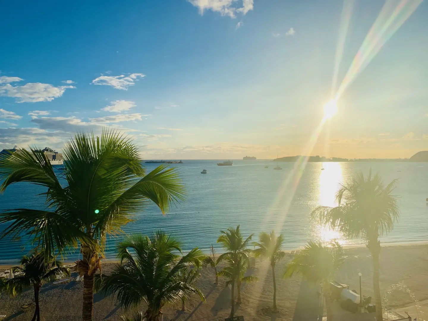 Beach and harbor view from Holland House Beach Hotel with palms and sunset light.