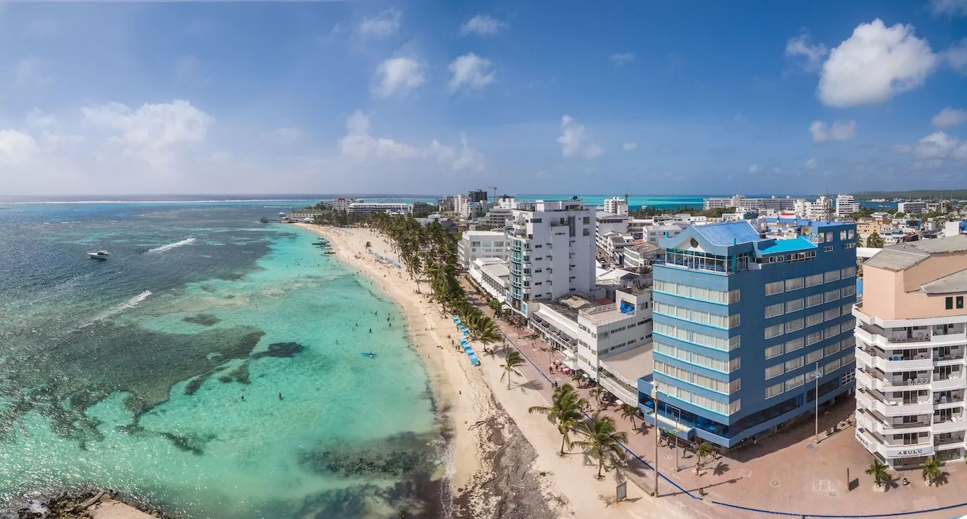 Hotel Calypso Beach beachfront property in downtown San Andrés, Colombia with Caribbean Sea views.