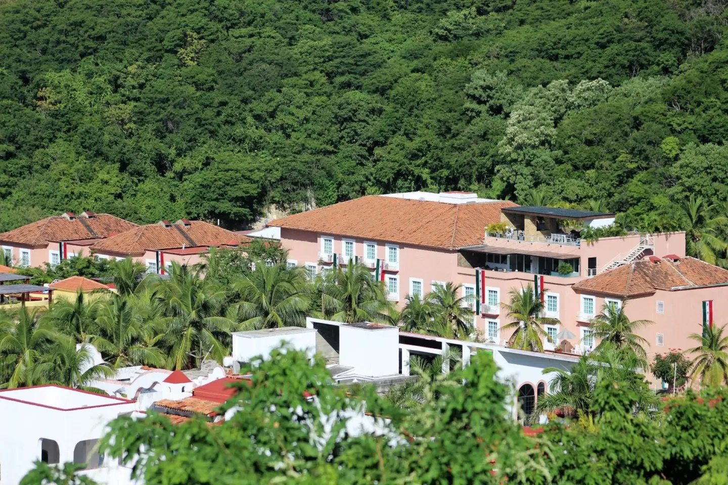 Exterior buildings and palms against a green hillside at Hotel Castillo Huatulco & Beach Club.