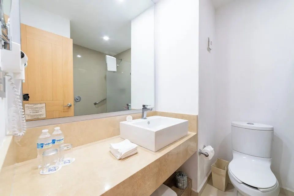 Standard Room bathroom vanity and toilet at Hotel Castillo Huatulco & Beach Club.