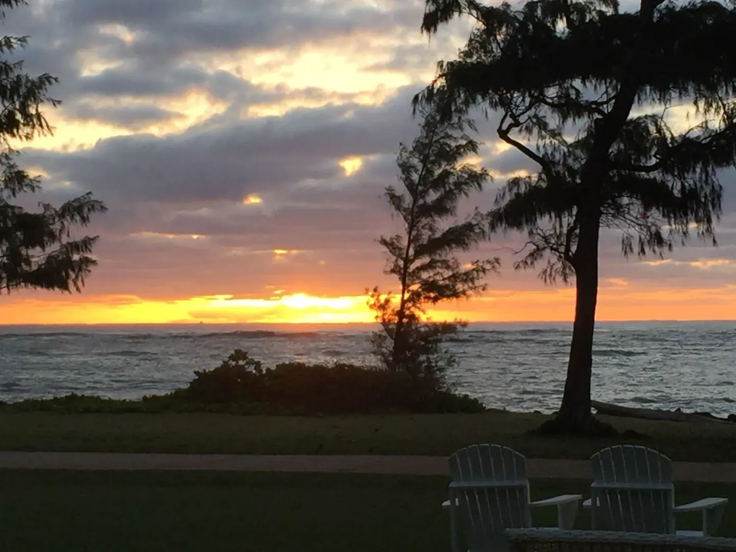 Sunset over the ocean with trees and lawn chairs at Hotel Coral Reef.