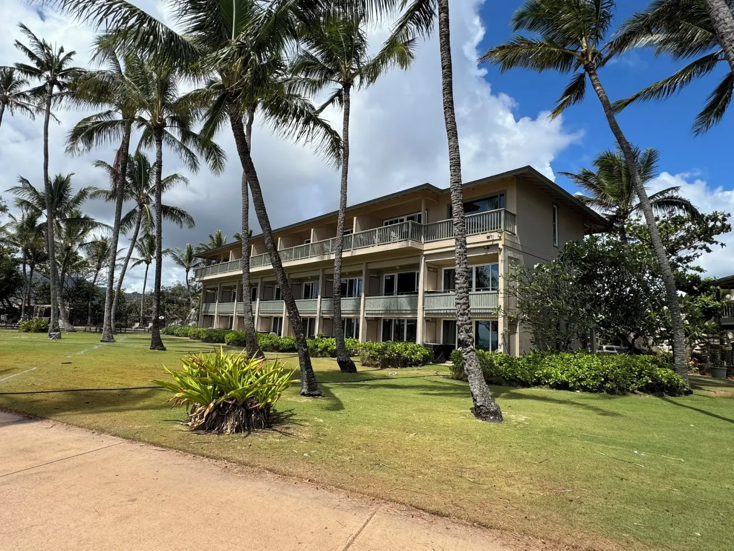 Resort exterior framed by palms and lawn at Hotel Coral Reef.