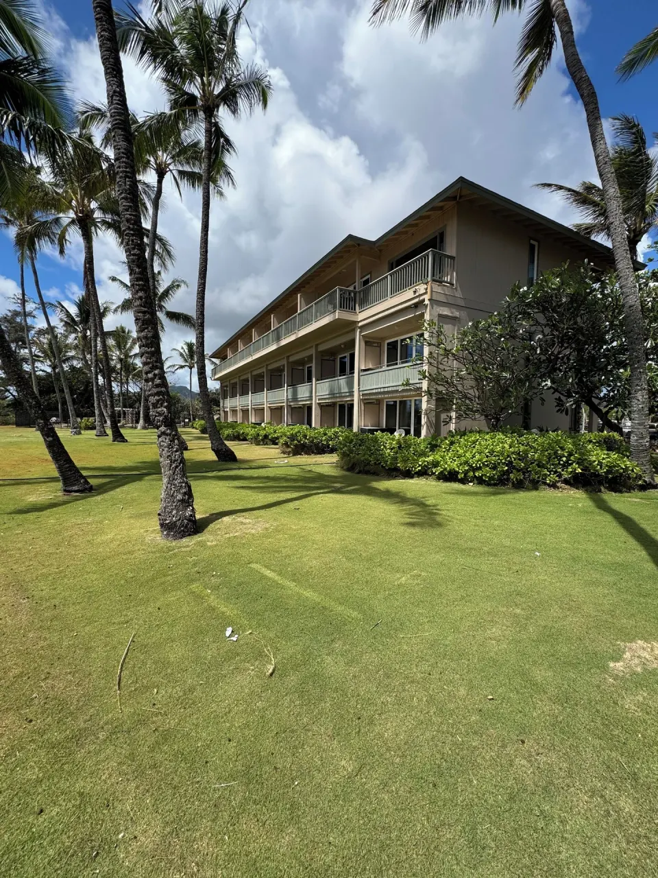 Resort building beside lawn and palm trees at Hotel Coral Reef.