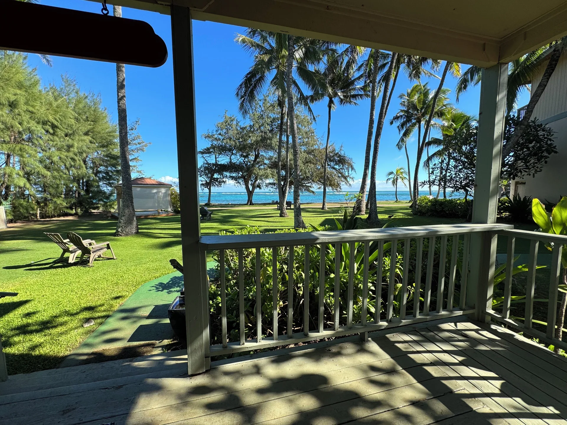 Shaded porch overlooking lawn, palms, and ocean at Hotel Coral Reef.
