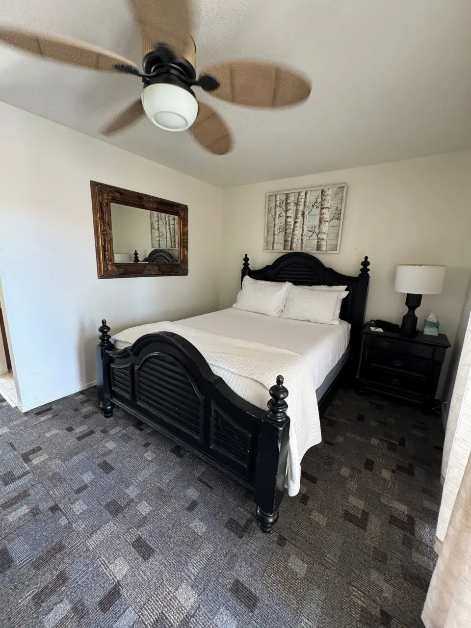 Economy Room City View queen bed with wall mirror and nightstand at Hotel Coral Reef.