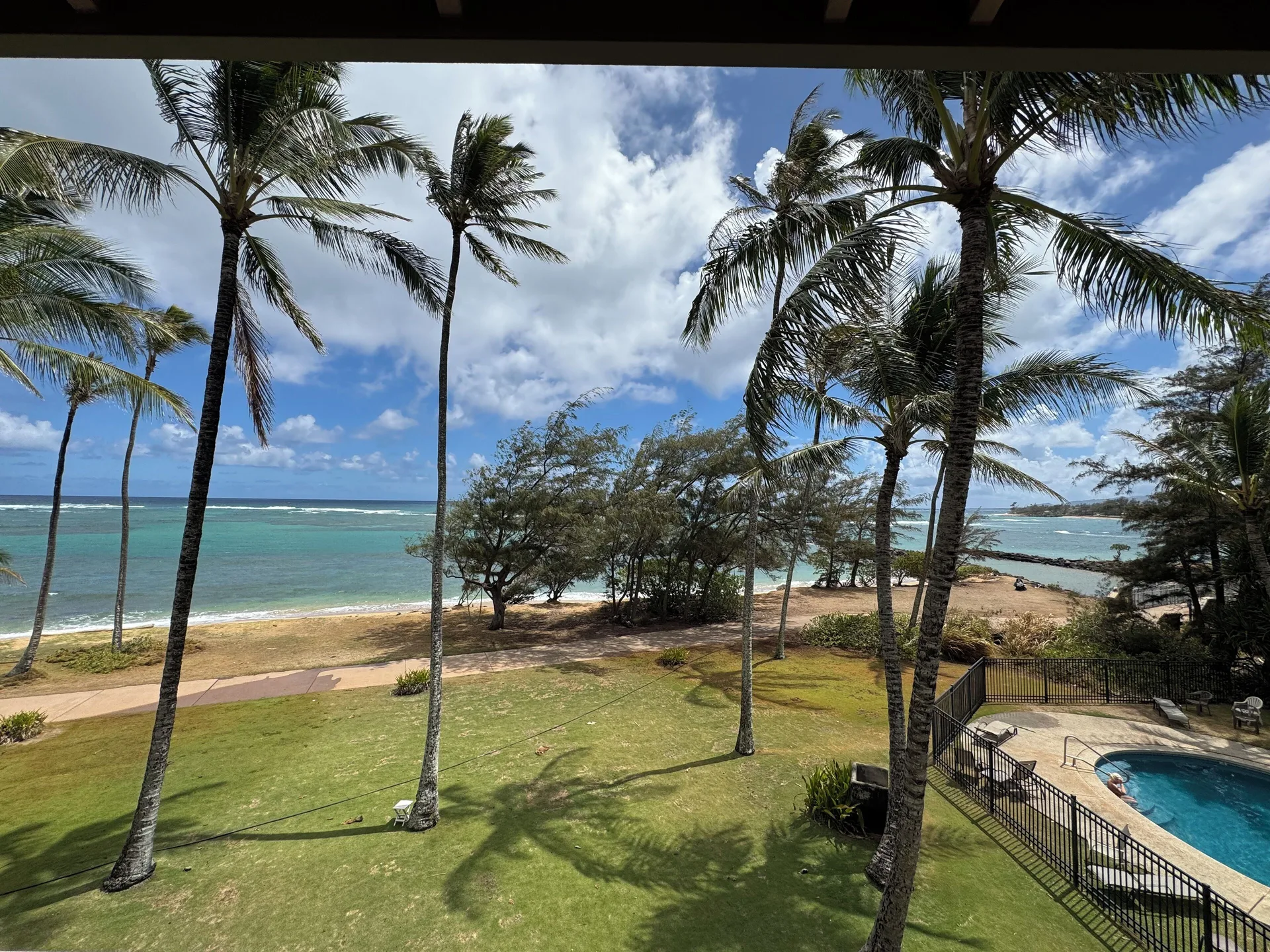 Oceanfront view with palms, lawn, beach and pool from Hotel Coral Reef suite.