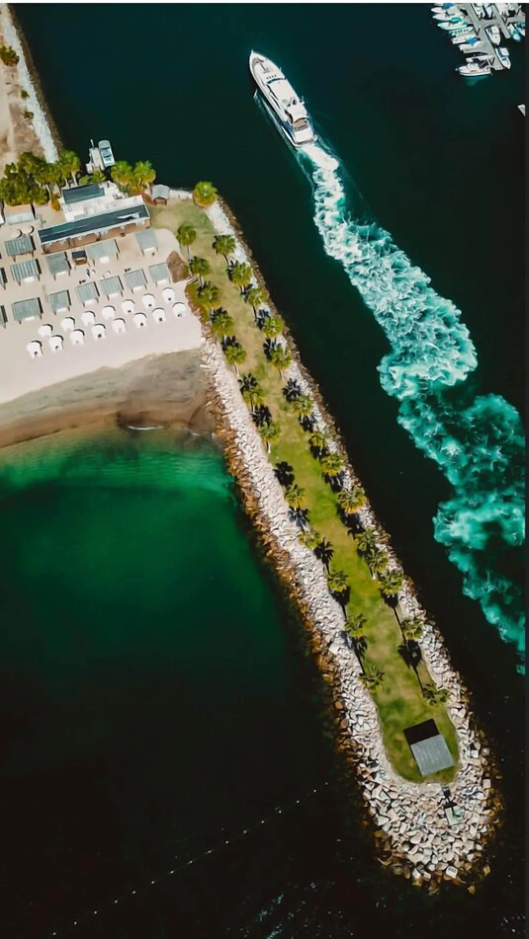 An aerial view shows a boat wake beside the beach and palm-lined jetty at Hotel El Ganzo.