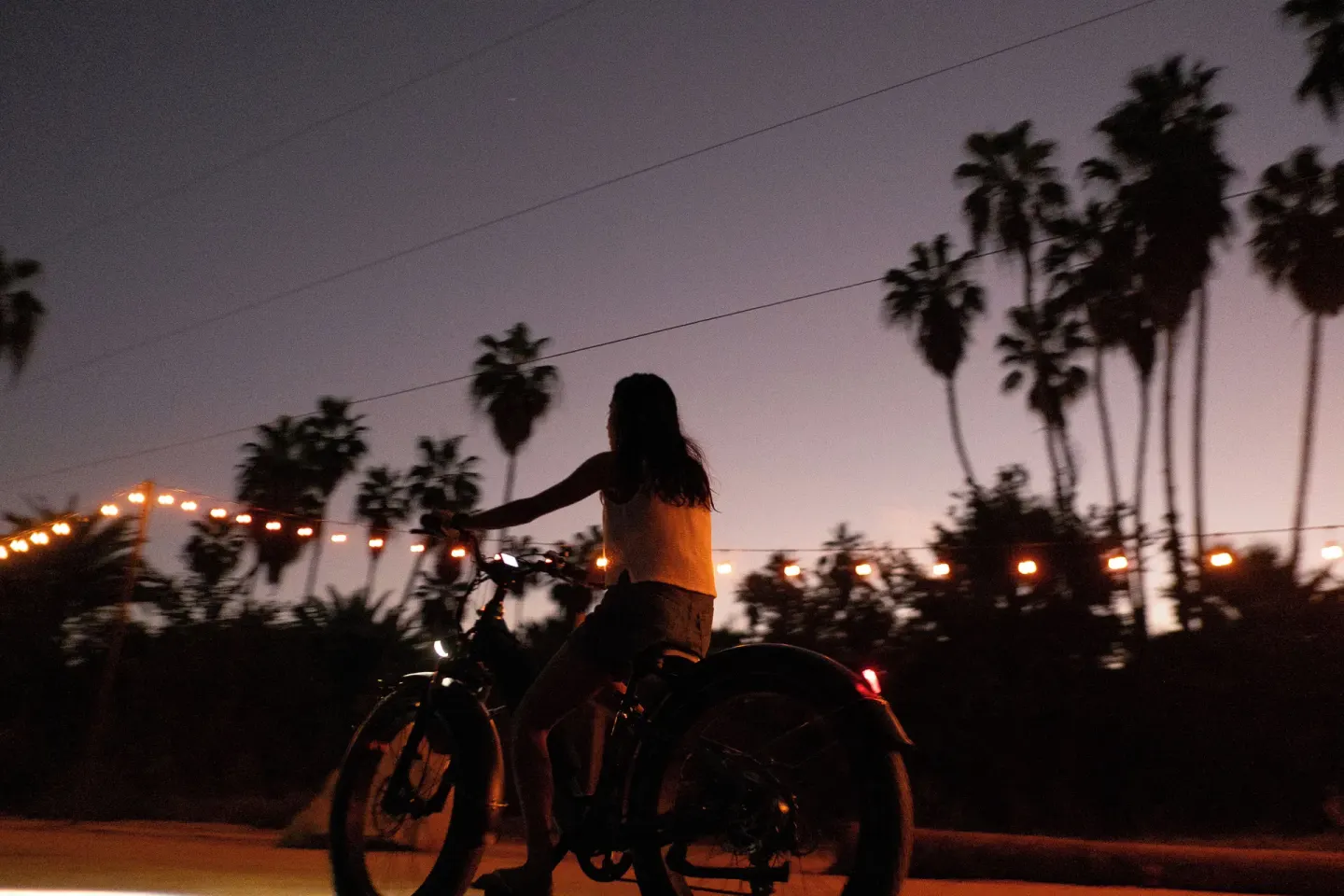 A cyclist rides under string lights and palm trees at dusk near Hotel El Ganzo.